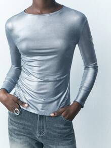 Maija Damska koszulka w jednolitym kolorze, minimalistyczna, do noszenia na co dzień, z okrągłym dekoltem i długim rękawem, jesienne stylizacje