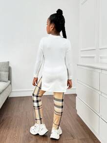 SHEIN 2pcs Tween Girl Side Slit Round Neck Long Sleeve T-Shirt & Graphic Print Leggings Set - White - View 2