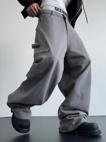 Manfinity Hypemode Y2K 复古破洞男士宽松工装牛仔裤，带多个口袋，适合送给丈夫、男朋友的礼物 - 淺色水洗藍 - 查看 4