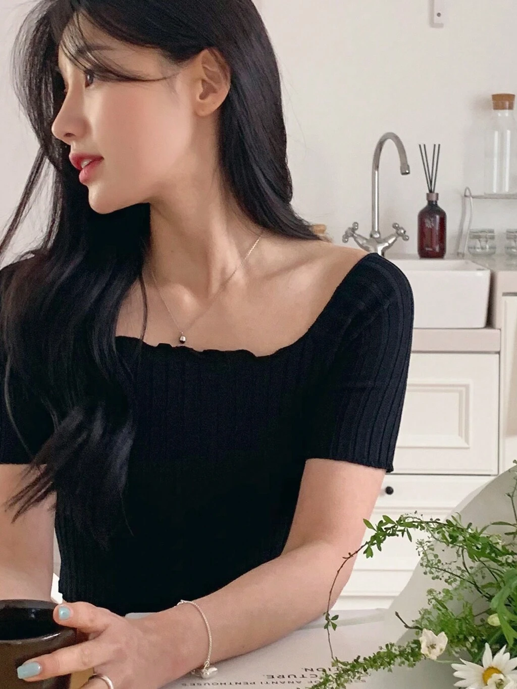 Women's Square Neck Cropped Fitted Short Sleeve T-Shirt, Autumn Cute Tops