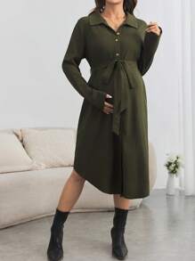 SHEIN Maternity Casual Button Shirt Dress, Long Loose Pregnancy Dress For Fall Season