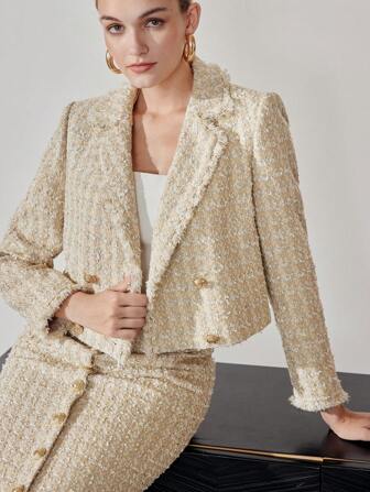 MOTF PREMIUM Tweed Karomuster Blazer mit Stehkragen und rohen Kanten, kurzer Schnitt