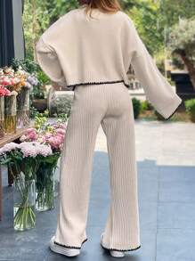 EURMUSE Set casual 2 buc pentru femei: pulover cu gât rotund și pantaloni tricotați, toamnă și iarnă - Bej - Vizualizare 2