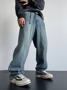 Manfinity EMRG Y2K Retro Streetwear Men's Faded Dark Blue Distressed Flare Leg Jeans With Unique Stitching Design