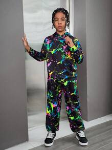 SHEIN Leap Crew 2 件 Tween Boy 荧光效果连帽运动衫和裤子套装，适合秋冬季的休闲街头风格 - 彩色 - 查看 6