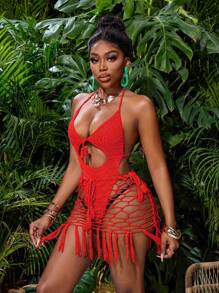 BamGleam 女士纯色镂空吊带连体裤和流苏下摆迷你裙性感度假套装新年衣服