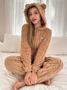 Dream Adore Bear Embroidered Animal Ear Decor Plush Jumpsuit Pajamas, For Fall Winter