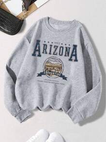 Tween Girl Casual Slogan Print Crew Neck Sweatshirt, Autumn/Winter - Grey - View 1