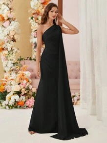 Aureia 女士纯色不对称领口雪纺伴娘礼服（成人），黑色优雅正式晚礼服，适合婚礼宾客、毕业典礼、晚宴礼服、长袍 - 黑色 - 查看 4