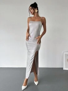 SHEIN Privé Váy xẻ tà sequin gợi cảm thanh lịch cho nữ - Bạc - Xem 4