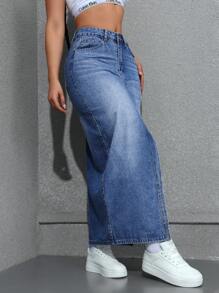 SHEIN EZwear Falda de denim lavado con abertura para mujeres - Azul - Ver 5