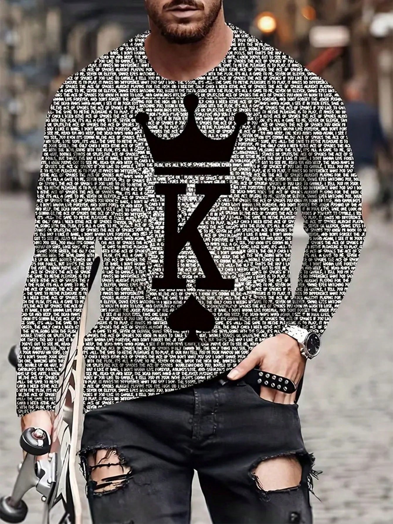 Manfinity Dauomo Men's Crown & Letter Print Long Sleeve T-Shirt