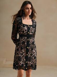 Anewsta Women's Water-Soluble Lace Square Collar Waist-Cinched Bodycon Dress - Black - View 6
