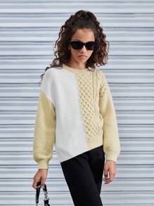 Jersey casual para niña preadolescente con cuello redondo y ajuste holgado, bloque de colores, otoño/invierno - Caqui - Ver 5