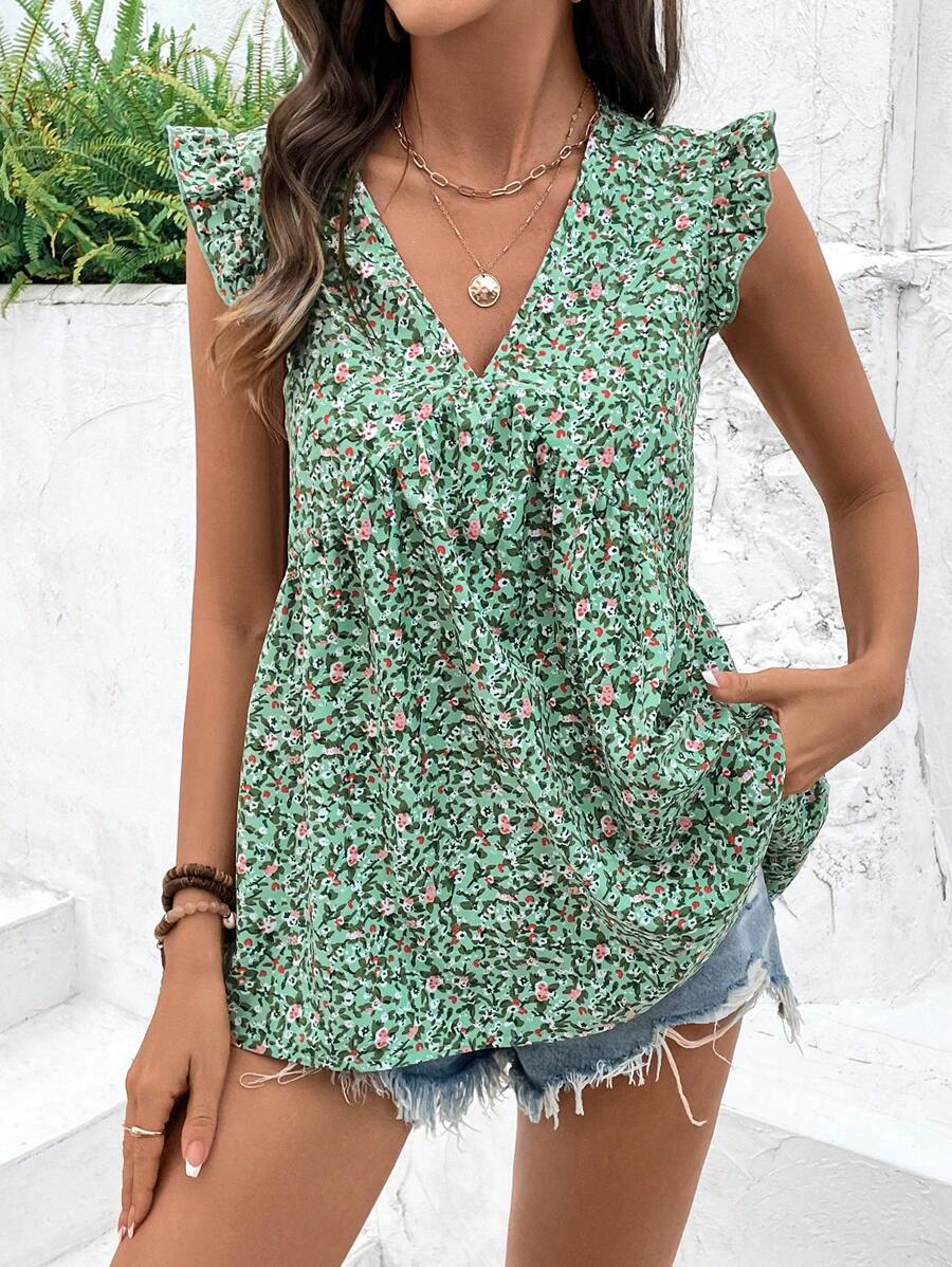 INAWLY Áo cánh tay lửng họa tiết hoa giản dị dành cho nữ - Màu xanh Bạc hà - Xem 1