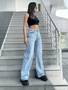 SHEIN Cottnline 高腰直筒牛仔褲 - 淺藍色 - 查看 3
