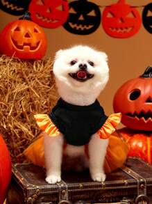 PETSIN 1pc Pet Halloween Funny Expression Print Dress Pumpkin & Bow Decor Orange Black Mesh Cap Sleeve Dog Dress