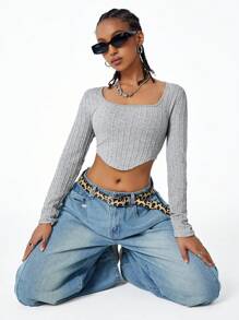SHEIN Coolane Women's Fall Basic Streetwear Fashion Knit Cable-Knit Textured Fitted  Long Sleeves Grey Tee For Back To School