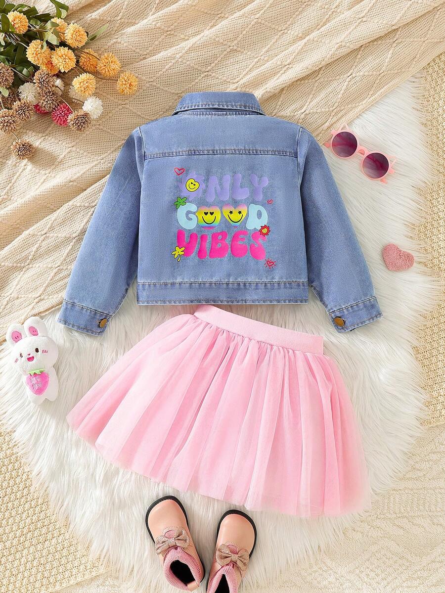 SHEIN Bộ 2 chiếc/Bộ áo khoác denim thường ngày cho bé gái mới biết đi có họa tiết nhuộm loang và váy lưới màu hồng, thích hợp cho tiệc tùng và tụ tập vào mùa thu - Màu xanh lam - Xem 1