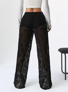 SHEIN EZwear Pantaloni lungi din dantelă de culoare uni pentru femei