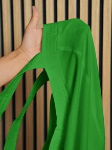 Slaydiva 大码宽松纯色无袖口袋 A 字裙，适合女士度假、优雅和日常休闲，春夏 - 綠色 - 查看 8