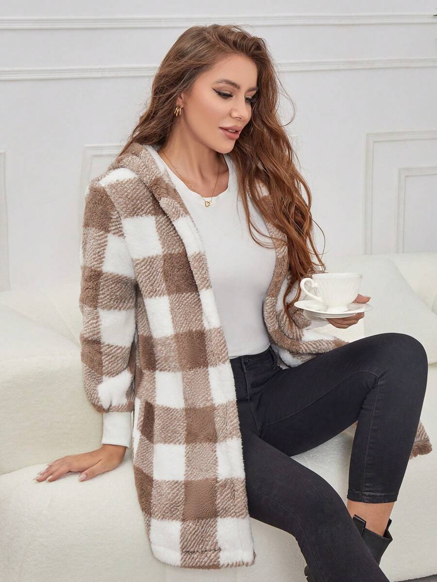 Áo khoác vest dài không tay kẻ caro màu kaki-be hai mặt, cổ tay, viền, có mũ trùm đầu, thường ngày cho mùa đông - Màu be - Xem 1