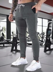 Manfinity Fitness Plus Size Men's Plain Casual Drawstring Sports Pants School - Dark Grey - View 1