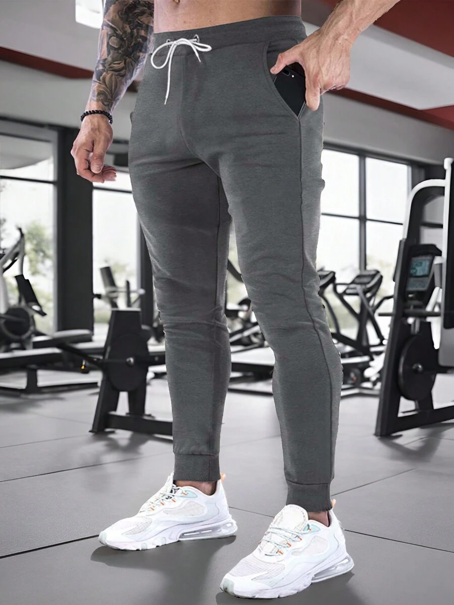 Manfinity Fitness Plus Size Men's Plain Casual Drawstring Sports Pants School - Dark Grey - View 1