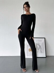Firerie Women Off Shoulder Flared Sleeve & Flared Leg Bodycon Jumpsuit - Black - View 4