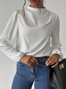 Firerie 女士时尚优雅办公室通勤白领肩部荷叶边泡泡袖衬衫 - 白色 - 查看 2