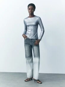 Maija Damska koszulka w jednolitym kolorze, minimalistyczna, do noszenia na co dzień, z okrągłym dekoltem i długim rękawem, jesienne stylizacje