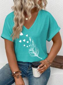 EMERY ROSE Women Plus Size V-Neck Ruffle Feather Heart Print Casual T-Shirt Graphic Tees Women Tops - Blue - View 3