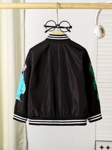 SHEIN Jaket Baseball Spiral Datar Bergambar Kartun Hewan Lucu untuk Anak Laki-Laki, Cocok untuk Pemakaian Sehari-hari - Hitam - View 2