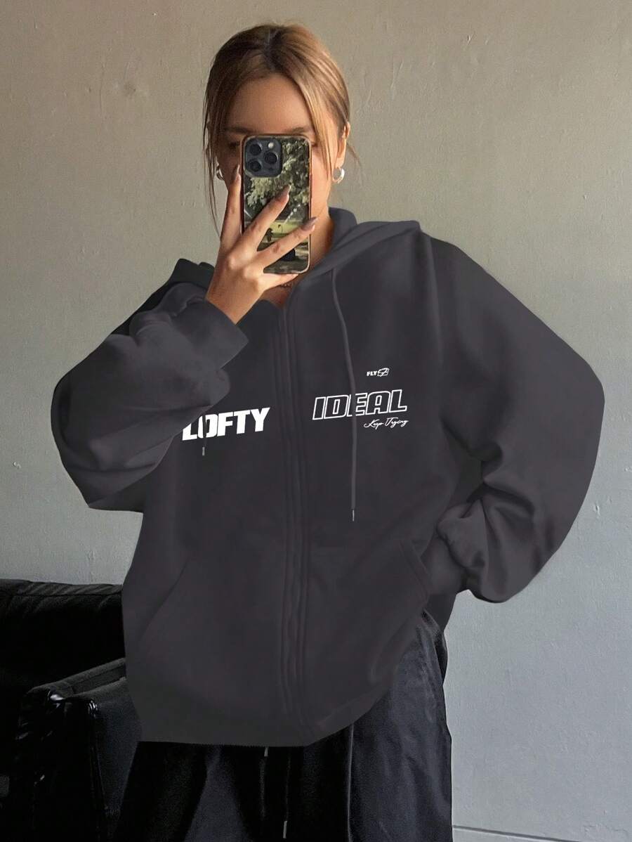 Dazy Star Women's Casual Letter Print Long Sleeve Zip Up Hooded Sweatshirt, For Fall/Winter - Dark Grey - View 1