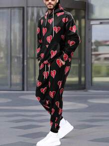 Manfinity LEGND 2pcs/Set Men Heart Graphic Hooded Sweatshirt And Pants Tracksuits - Multicolor - View 1