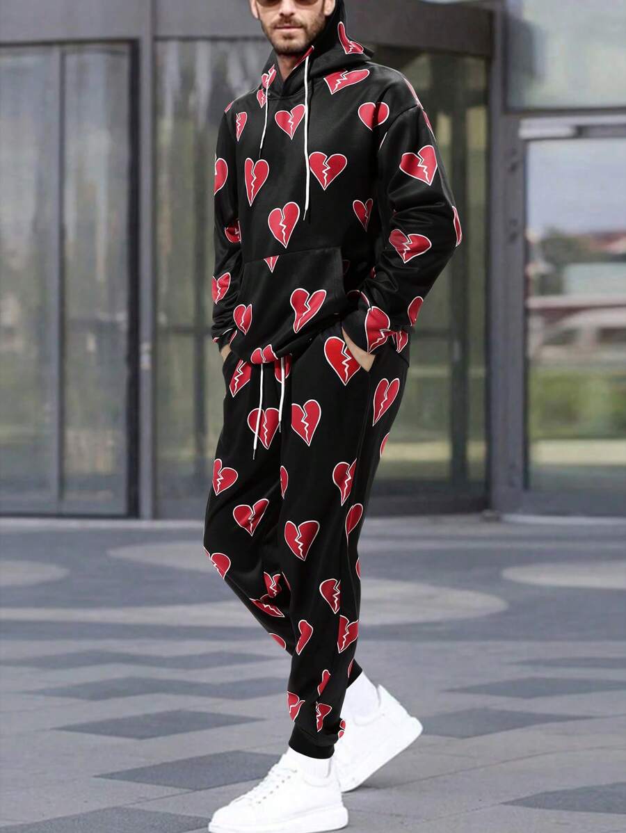 Manfinity LEGND 2pcs/Set Men Heart Graphic Hooded Sweatshirt And Pants Tracksuits - Multicolor - View 1