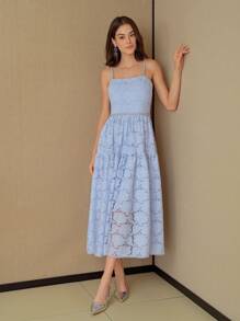 MOTF STUDIO VÁY TRÒN LỚP REN GUIPURE CÓ CHI TIẾT NGỌC TRAI GIẢ - Màu xanh lam - Xem 2