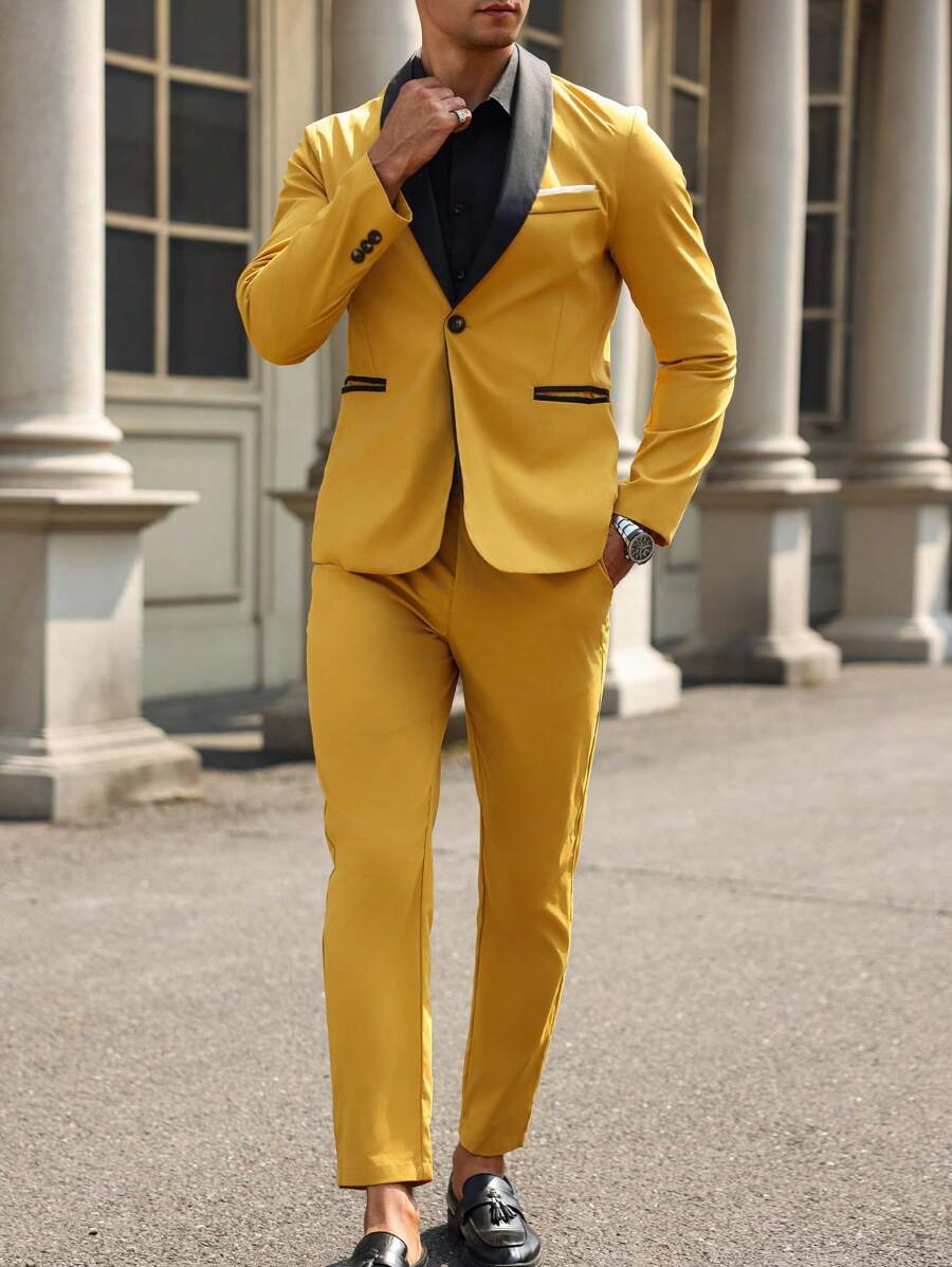Manfinity Mode Conjunto informal de negocios de blazer de manga larga con cuello de chal y pantalones de color contrastante, para primavera/otoño