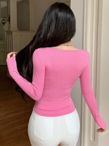 DAZY Áo thun tay dài cài nút phía trước màu trơn dành cho nữ - Hồng - Xem 7