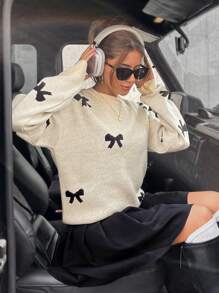 SHEIN Tall Maglione in maglia casual ampio con collo rotondo, maniche a giro e decorazione a fiocco per donna