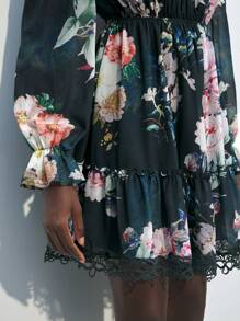 Maija Vestido floral elegante de manga larga y corta para mujer