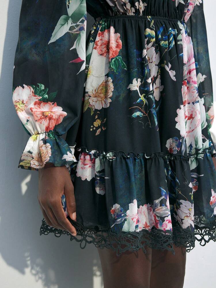 SHEIN Maija Women Floral Print Long Sleeve Short Dress Elegant Dress Floral Dress