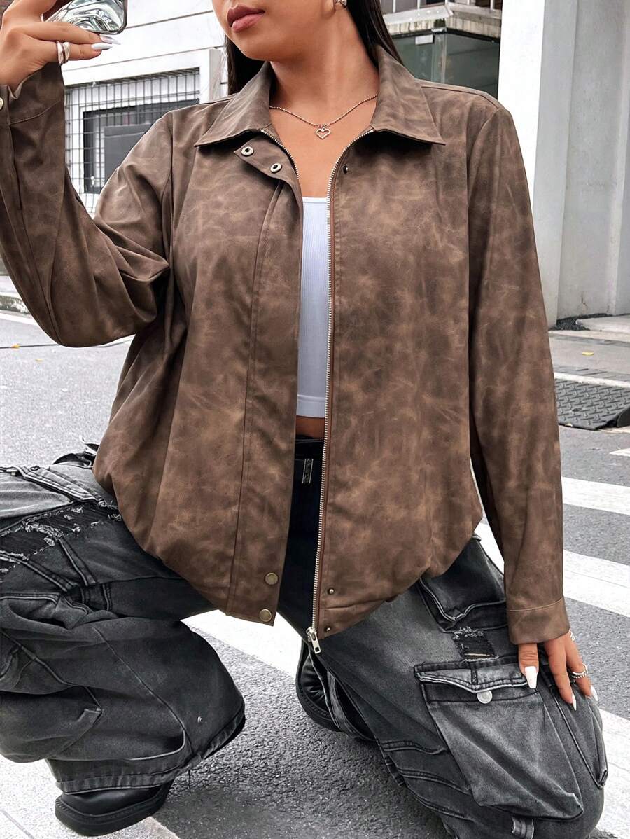 Flirla Áo khoác tay dài in họa tiết tie dye xuân thu cỡ lớn cho nữ - Cà phê nâu - Xem 1