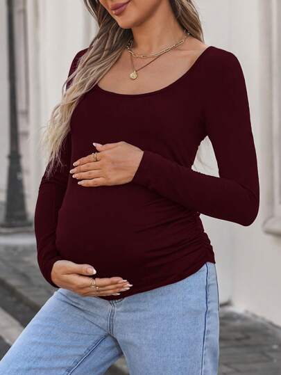 SHEIN Pregnant Women's Plain Round Neck Long Sleeve Pleated Casual T-Shirt, Spring & Summer, For Maternity