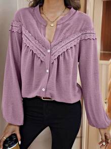 SHEIN LUNE 女士 V 领长袖纽扣时尚宽松舒适衬衫 - 紫色 - 查看 6