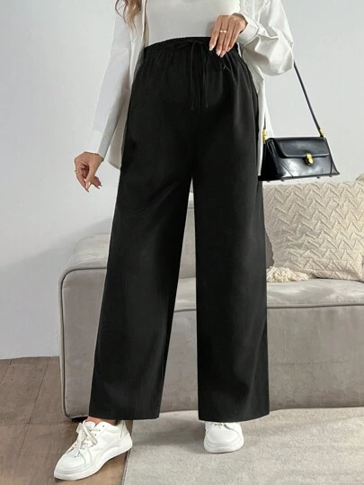 SHEIN 여성용 루즈핏 솔리드 컬러 스트레이트 레그 엘라스틱 웨이스트 캐주얼 바지, 임산부용