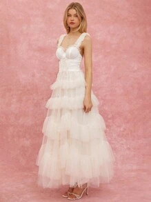 SHEIN Dam sommar Enfärgad Mesh Kontrast Rufsig midja Tie Maxi Elegant Slip Dress - Vitt - Visa 5