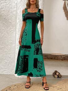 EMERY ROSE Đầm Maxi thường ngày hở vai tay ngắn nhuộm loang màu cho nữ, mùa hè - màu xanh lá - Xem 4