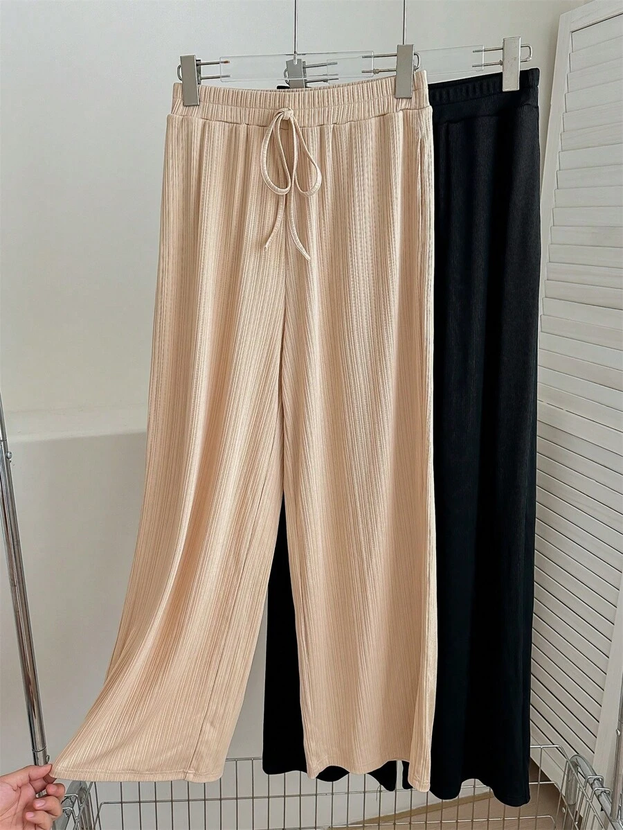 SHEIN LUNE 2pcs Women Autumn/Winter Solid Color Ribbed Straight-Leg Tie-Waist Casual Pants, Back To School Season,Airport Women Outfits