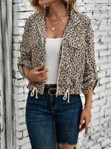 SHEIN LUNE Women's Leopard Print Cropped Jacket, Autumn - Khaki - View 1